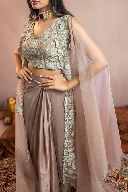 Aanchal Vijaywargi_Purple Silk, Organza Embroidery Round Neck Aaina Cape And Skirt Set _Online_at_Aza_Fashions