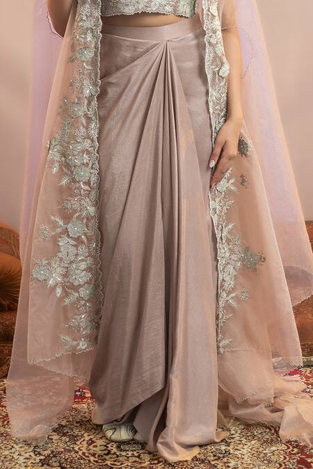 Buy_Aanchal Vijaywargi_Purple Silk, Organza Embroidery Round Neck Aaina Cape And Skirt Set _Online_at_Aza_Fashions