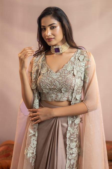 Shop_Aanchal Vijaywargi_Purple Silk, Organza Embroidery Round Neck Aaina Cape And Skirt Set _Online_at_Aza_Fashions