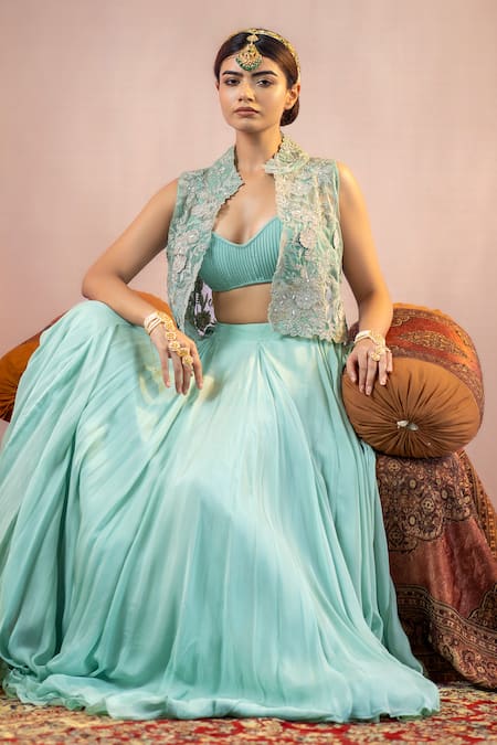 Aanchal Vijaywargi_Green Organza, Satin Embroidery Collared, Round Neck Aarna Jacket And Skirt Set _Online_at_Aza_Fashions