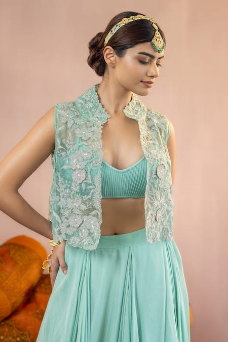 Buy_Aanchal Vijaywargi_Green Organza, Satin Embroidery Collared, Round Neck Aarna Jacket And Skirt Set _Online_at_Aza_Fashions