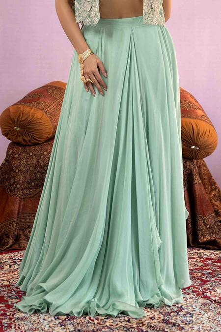 Shop_Aanchal Vijaywargi_Green Organza, Satin Embroidery Collared, Round Neck Aarna Jacket And Skirt Set _Online_at_Aza_Fashions