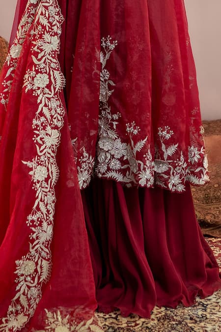 Aanchal Vijaywargi Maroon Organza, Georgette Embroidery Cowl Neck, Adah Anarkali And Palazzo Set Online at Aza Fashions Aanchal Vijaywargi_Maroon Organza, Georgette Embroidery Cowl Neck, Adah Anarkali And Palazzo Set _Online_at_Aza_Fashions