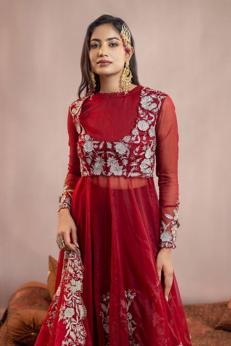 Buy Aanchal Vijaywargi Maroon Organza, Georgette Embroidery Cowl Neck, Adah Anarkali And Palazzo Set Online at Aza Fashions Buy_Aanchal Vijaywargi_Maroon Organza, Georgette Embroidery Cowl Neck, Adah Anarkali And Palazzo Set _Online_at_Aza_Fashions