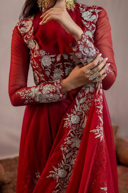 Shop Aanchal Vijaywargi Maroon Organza, Georgette Embroidery Cowl Neck, Adah Anarkali And Palazzo Set Online at Aza Fashions Shop_Aanchal Vijaywargi_Maroon Organza, Georgette Embroidery Cowl Neck, Adah Anarkali And Palazzo Set _Online_at_Aza_Fashions