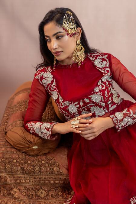Aanchal Vijaywargi Maroon Organza, Georgette Embroidery Cowl Neck, Adah Anarkali And Palazzo Set at Aza Fashions Aanchal Vijaywargi_Maroon Organza, Georgette Embroidery Cowl Neck, Adah Anarkali And Palazzo Set _at_Aza_Fashions