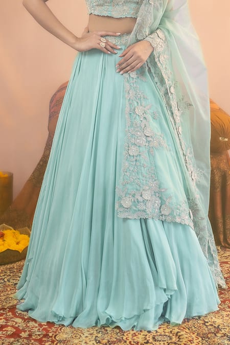 Shop_Aanchal Vijaywargi_Green Organza, Chiffon Embroidery Square Damini Chandini Blouse Lehenga Set _Online_at_Aza_Fashions
