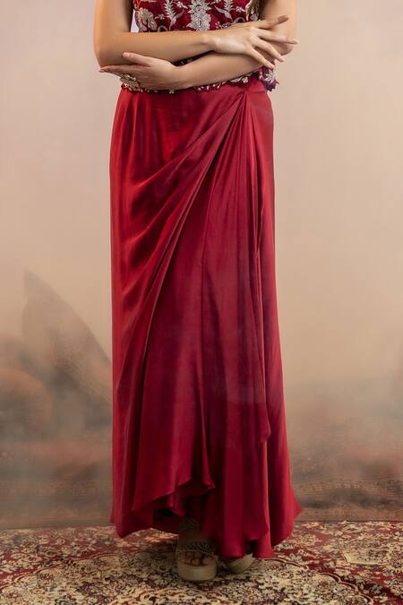 Aanchal Vijaywargi Maroon Organza And Santoon Embroidery 3d Floral Square Falak Top With Skirt Online at Aza Fashions Aanchal Vijaywargi_Maroon Organza And Santoon Embroidery 3d Floral Square Falak Top With Skirt _Online_at_Aza_Fashions