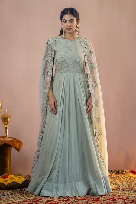 Buy_Aanchal Vijaywargi_Grey Organza, Chiffon Embroidery Round Neck Meher Floral Anarkali With Cape _Online_at_Aza_Fashions