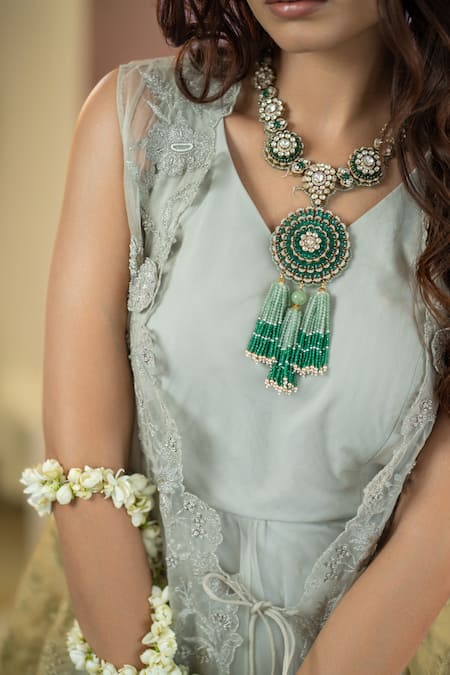 Aanchal Vijaywargi_Grey Organza, Net Embroidery V-neck Zara Jacket With Gown _Online_at_Aza_Fashions