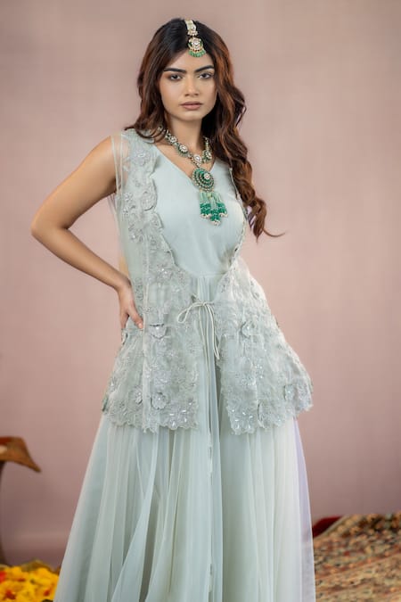 Shop_Aanchal Vijaywargi_Grey Organza, Net Embroidery V-neck Zara Jacket With Gown _Online_at_Aza_Fashions