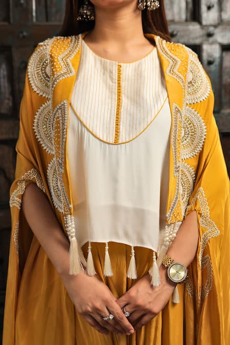 Samyukta Singhania Yellow Denim, Silk, Crepe Cut Work, Pearls, Mandala Bloom Shrug And Sharara Set Online at Aza Fashions Samyukta Singhania_Yellow Denim, Silk, Crepe Cut Work, Pearls, Mandala Bloom Shrug And Sharara Set _Online_at_Aza_Fashions