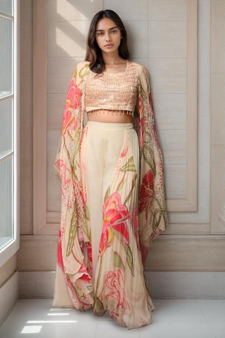 Samyukta Singhania Floral Print Embellished Cape & Sharara Set 