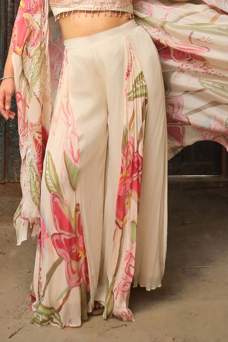 Samyukta Singhania_White Sequins, Beads Square Neck Floral Print Embellished Cape And Sharara Set_Online_at_Aza_Fashions