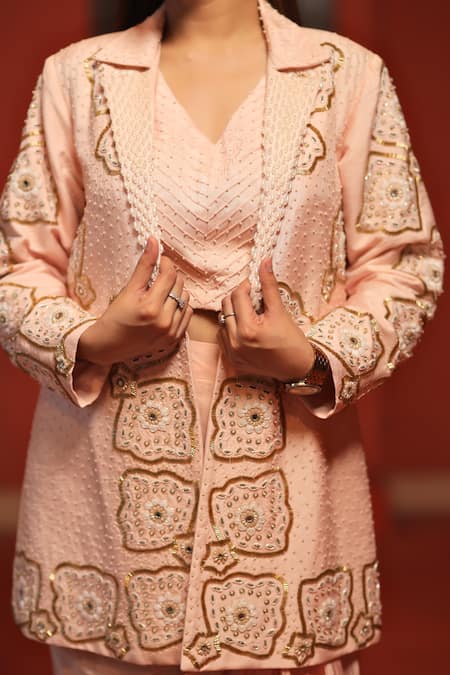 Samyukta Singhania_Peach Silk, Crepe Cut Work, Pearls, Sequins, Florin Jacket And Draped Skirt Set _Online_at_Aza_Fashions