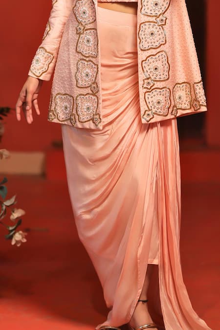 Buy_Samyukta Singhania_Peach Silk, Crepe Cut Work, Pearls, Sequins, Florin Jacket And Draped Skirt Set _Online_at_Aza_Fashions