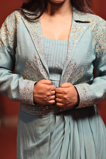 Samyukta Singhania_Blue Denim, Silk Sequins, Embroidery Round Flora Crop Jacket And Draped Skirt Set _Online_at_Aza_Fashions