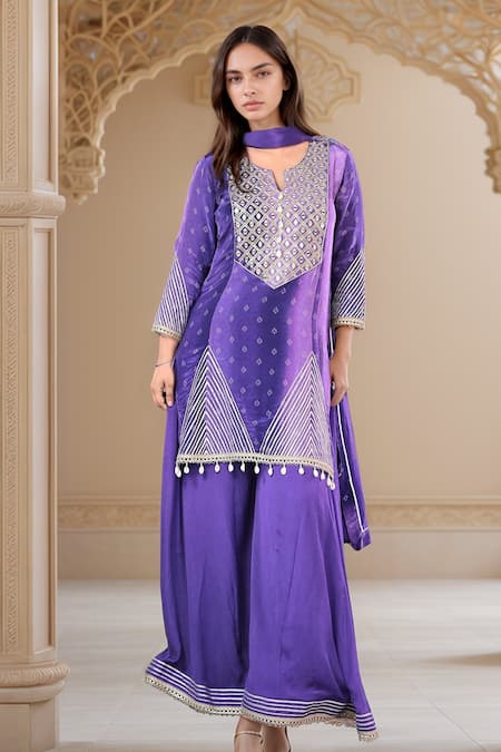 Samyukta Singhania Blue Natural Crepe Print Embroidery Motif Gota Embellished Kurta And Sharara Set 