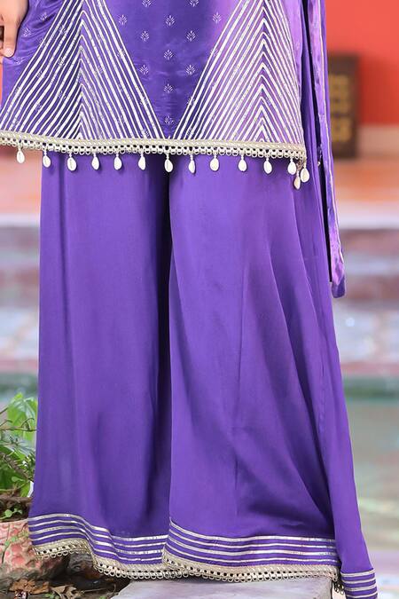 Samyukta Singhania_Blue Organza, Crepe Gota Crest Motif Print Embellished Kurta And Sharara Set_Online_at_Aza_Fashions