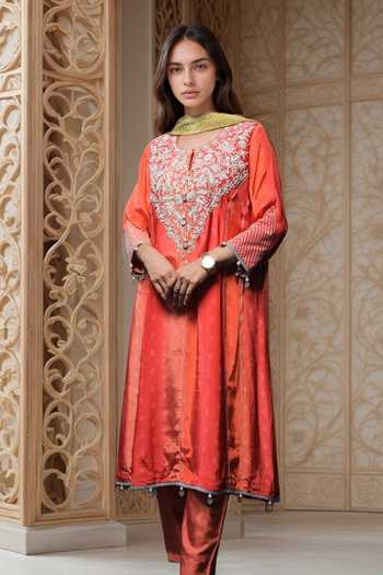 Women's Orange French Crepe Embroidered Straight Kurta Pant With Dupatta