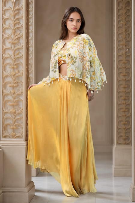 Samyukta Singhania Flower Embroidered Cape & Skirt Set 