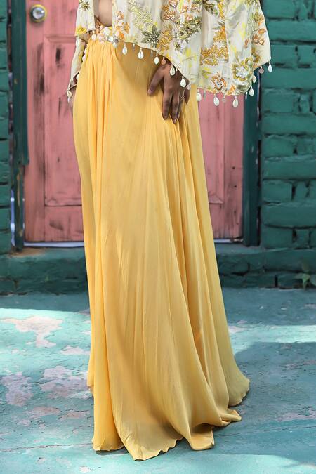 Samyukta Singhania_Yellow Crepe Beads, Sequins Flower Embroidered Cape And Skirt Set _Online_at_Aza_Fashions