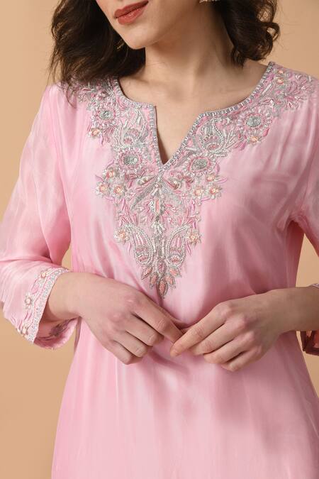 Buy Samyukta Singhania Pink Organza, Silk Embroidery Split V-neck Yoke Asymmetric Kurta Pant Set Online at Aza Fashions Buy_Samyukta Singhania_Pink Organza, Silk Embroidery Split V-neck Yoke Asymmetric Kurta Pant Set _Online_at_Aza_Fashions