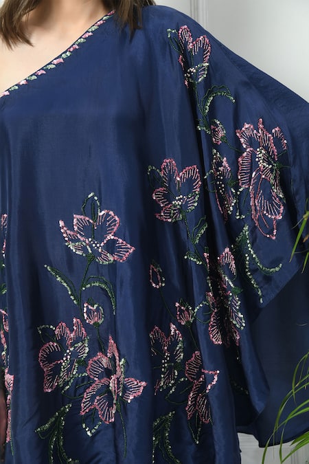 Shop_Samyukta Singhania_Blue Silk Embroidery Asymmetric Flower One Shoulder Tunic With Sharara _Online_at_Aza_Fashions