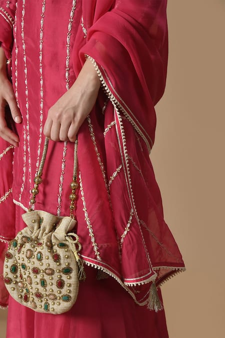 Samyukta Singhania_Maroon Silk, Organza Embroidery, Tassels Split V-neck Kurta Sharara Set _Online_at_Aza_Fashions