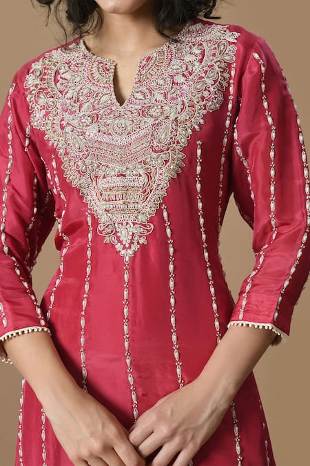 Buy_Samyukta Singhania_Maroon Silk, Organza Embroidery, Tassels Split V-neck Kurta Sharara Set _Online_at_Aza_Fashions