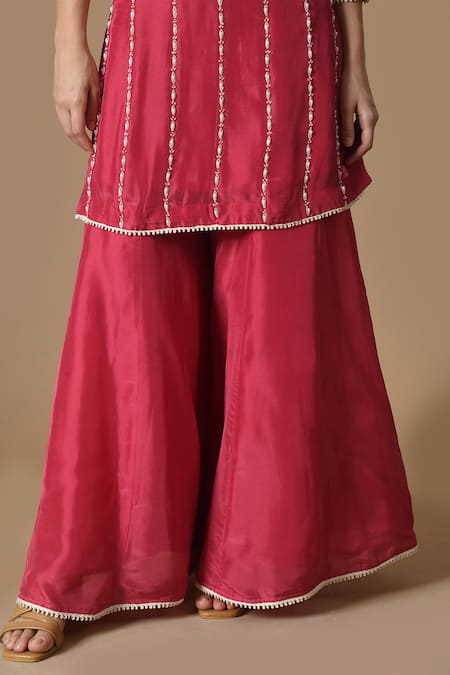 Shop_Samyukta Singhania_Maroon Silk, Organza Embroidery, Tassels Split V-neck Kurta Sharara Set _Online_at_Aza_Fashions