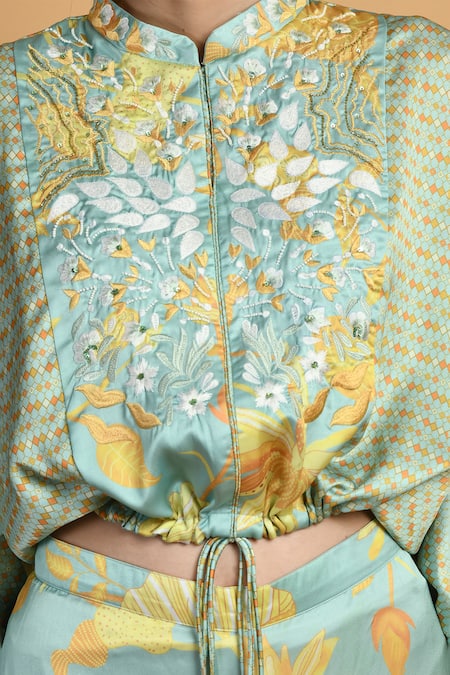 Samyukta Singhania_Blue Muslin Embroidery, Beads Bandeau Neck Floral Print Top And Pant Set _Online_at_Aza_Fashions