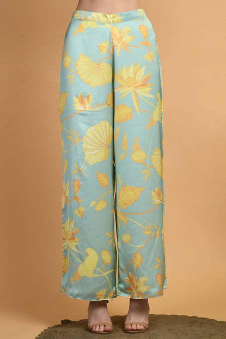 Shop_Samyukta Singhania_Blue Muslin Embroidery, Beads Bandeau Neck Floral Print Top And Pant Set _Online_at_Aza_Fashions