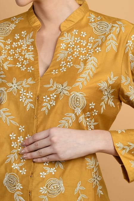 Buy_Samyukta Singhania_Yellow Chanderi Embroidery Collared, V-neck Floral Vine Top And Flared Pant Set _Online_at_Aza_Fashions