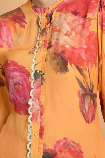 Buy_Samyukta Singhania_Pink Muslin Embroidery Round Floral Print Asymmetric Kurta And Flared Pant Set _Online_at_Aza_Fashions