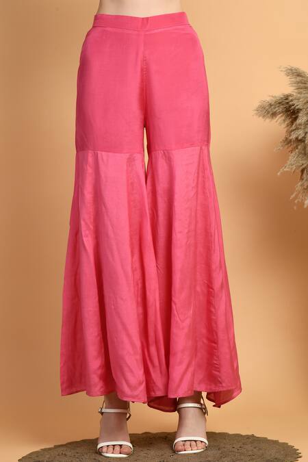 Shop_Samyukta Singhania_Pink Muslin Embroidery Round Floral Print Asymmetric Kurta And Flared Pant Set _Online_at_Aza_Fashions