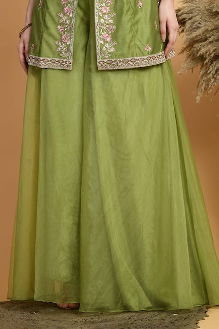 Samyukta Singhania_Green Chanderi Sequins, Embroidery Round Neck Floral Kurta And Flared Pant Set _Online_at_Aza_Fashions