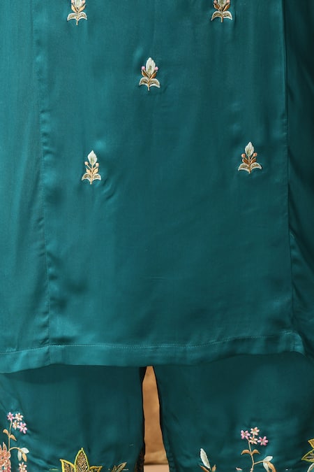 Shop_Samyukta Singhania_Blue Satin, Organza Beads, Sequins, Embroidery V-neck Floral Kurta And Pant Set _Online_at_Aza_Fashions