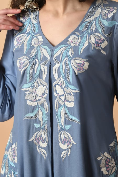 Buy_Samyukta Singhania_Blue Cotton, Rayon Sequins V-neck Floral Embroidered Kurta With Pant _Online_at_Aza_Fashions