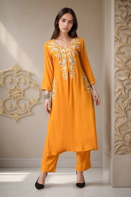 Samyukta Singhania Yellow Cotton Rayon Embroidery Floral V-neck Thread Pleat Kurta With Pant 