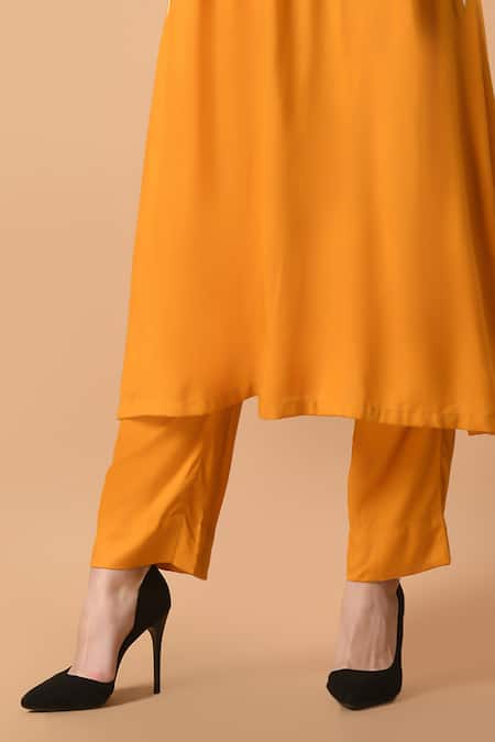 Samyukta Singhania Yellow Cotton, Rayon Embroidery V-neck Floral Thread Pleat Kurta With Pant Online at Aza Fashions Samyukta Singhania_Yellow Cotton, Rayon Embroidery V-neck Floral Thread Pleat Kurta With Pant _Online_at_Aza_Fashions