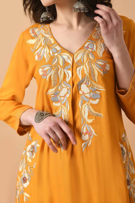 Shop Samyukta Singhania Yellow Cotton, Rayon Embroidery V-neck Floral Thread Pleat Kurta With Pant Online at Aza Fashions Shop_Samyukta Singhania_Yellow Cotton, Rayon Embroidery V-neck Floral Thread Pleat Kurta With Pant _Online_at_Aza_Fashions