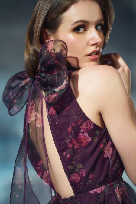 Buy Verano By Tanya Wine Organza, Crepe Bows V-neck Andrea Floral Print Dress Online at Aza Fashions Buy_Verano By Tanya_Wine Organza, Crepe Bows V-neck Andrea Floral Print Dress_Online_at_Aza_Fashions
