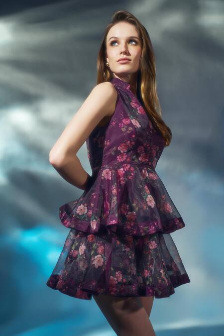 Shop Verano By Tanya Wine Organza, Crepe Bows V-neck Andrea Floral Print Dress Online at Aza Fashions Shop_Verano By Tanya_Wine Organza, Crepe Bows V-neck Andrea Floral Print Dress_Online_at_Aza_Fashions