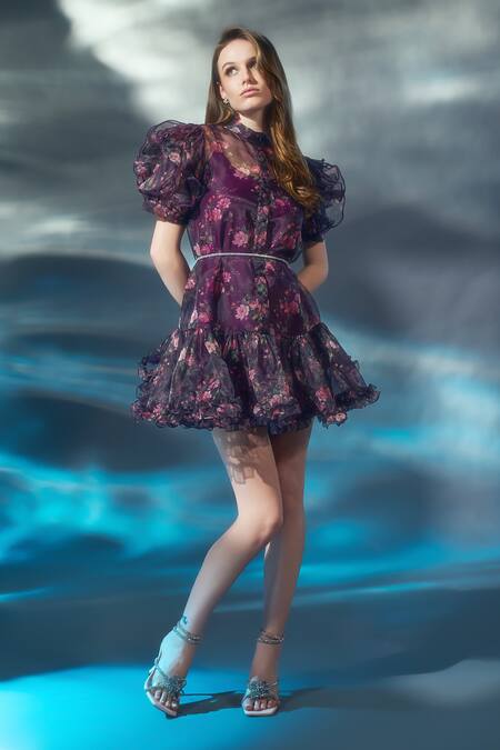 Verano By Tanya_Wine Organza Crystals Collared Andrea Floral Print Ruffle Dress_Online_at_Aza_Fashions