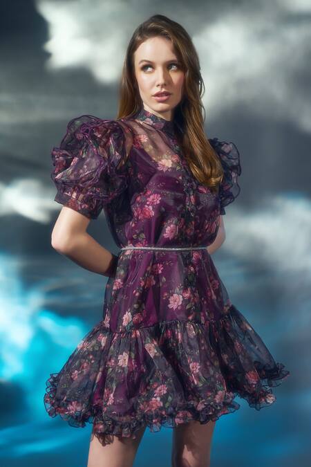Buy_Verano By Tanya_Wine Organza Crystals Collared Andrea Floral Print Ruffle Dress_Online_at_Aza_Fashions