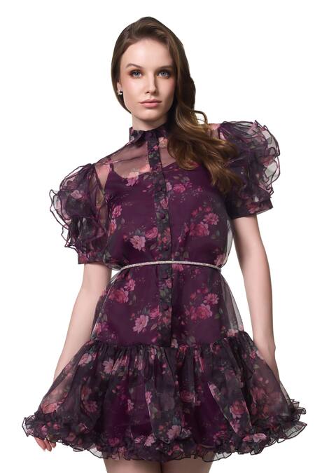 Verano By Tanya_Wine Organza Crystals Collared Andrea Floral Print Ruffle Dress_at_Aza_Fashions