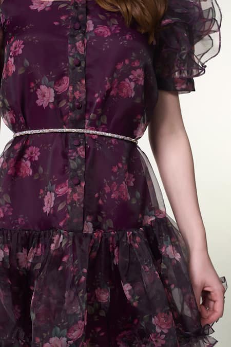 Buy_Verano By Tanya_Wine Organza Crystals Collared Andrea Floral Print Ruffle Dress