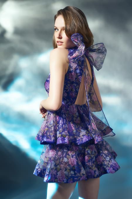 Verano By Tanya Blue Organza, Crepe Mandarin Collar Eden Floral Print Dress Online at Aza Fashions Verano By Tanya_Blue Organza, Crepe Mandarin Collar Eden Floral Print Dress _Online_at_Aza_Fashions