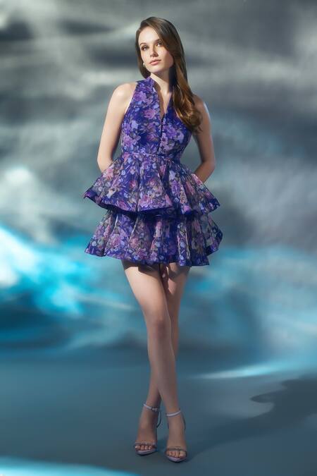 Buy Verano By Tanya Blue Organza, Crepe Mandarin Collar Eden Floral Print Dress Online at Aza Fashions Buy_Verano By Tanya_Blue Organza, Crepe Mandarin Collar Eden Floral Print Dress _Online_at_Aza_Fashions